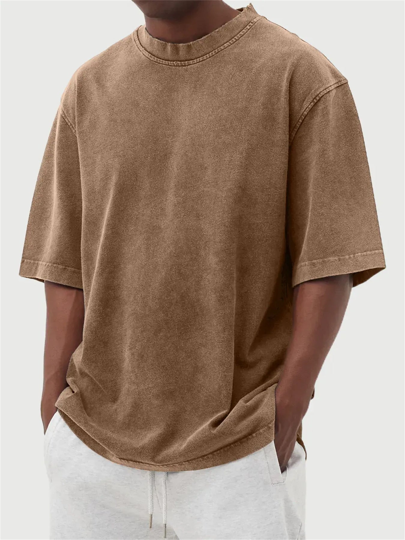 Men's Washed Fried Color Distressed Solid Color Pullover Short T-shirt