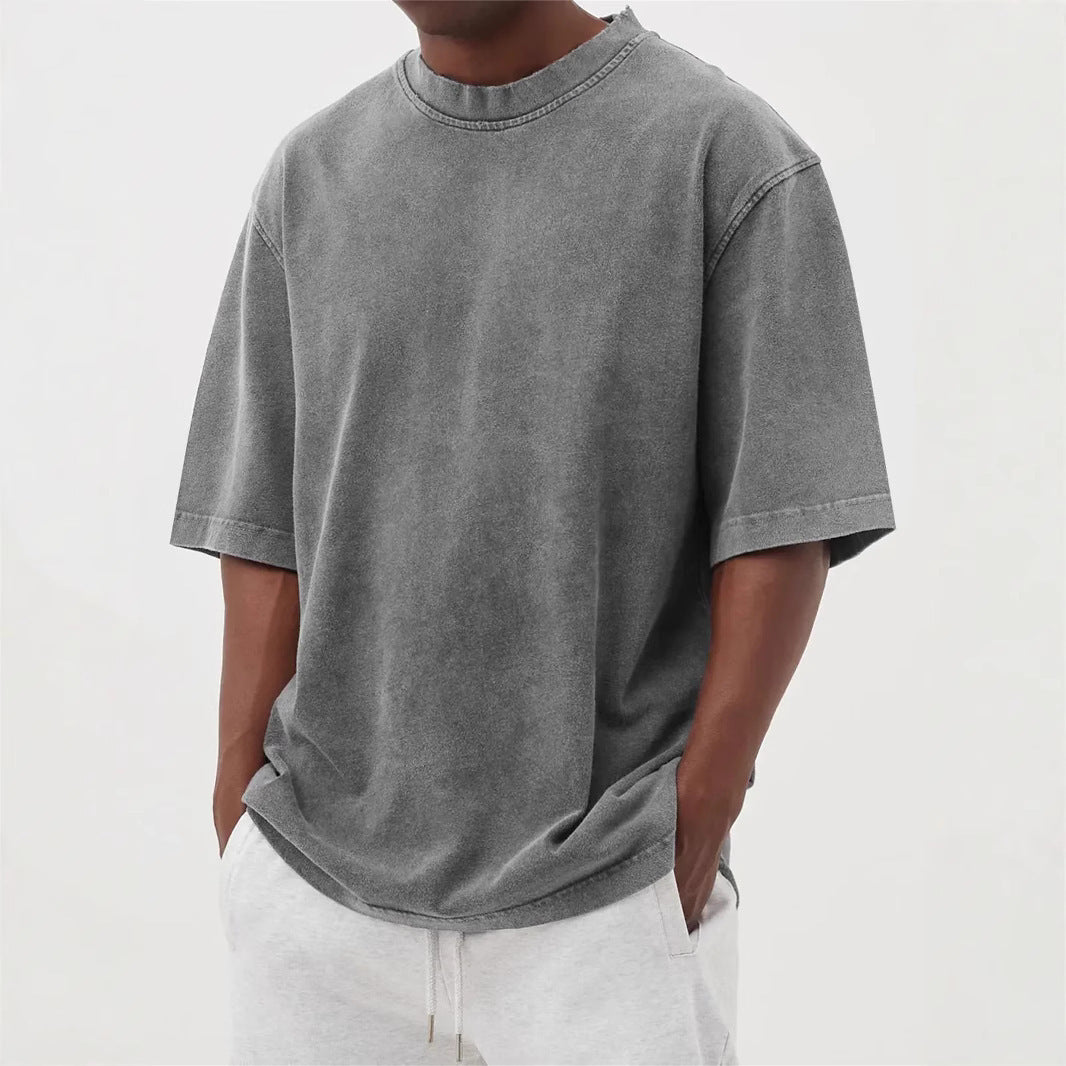 Men's Washed Fried Color Distressed Solid Color Pullover Short T-shirt