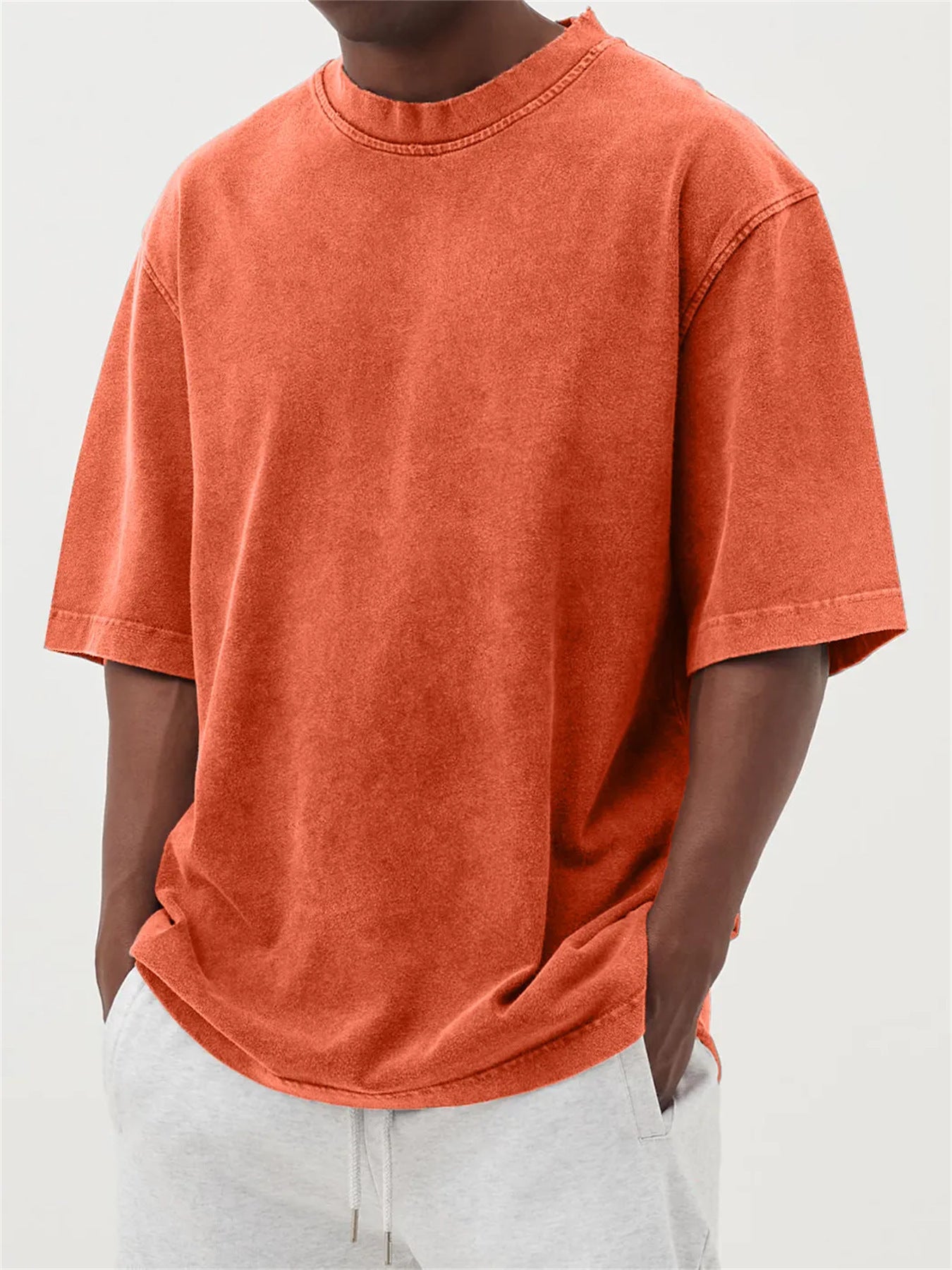 Men's Washed Fried Color Distressed Solid Color Pullover Short T-shirt
