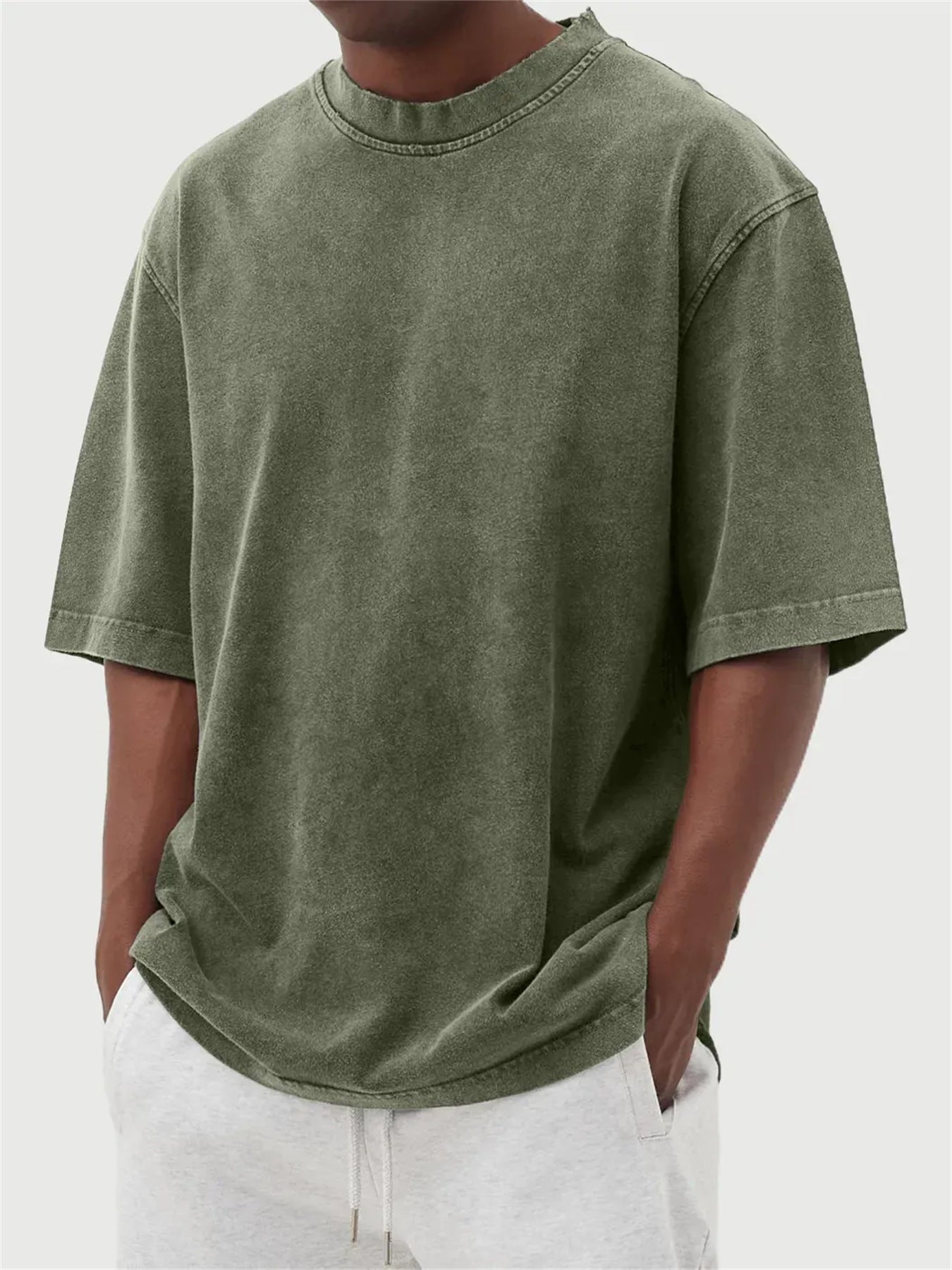 Men's Washed Fried Color Distressed Solid Color Pullover Short T-shirt