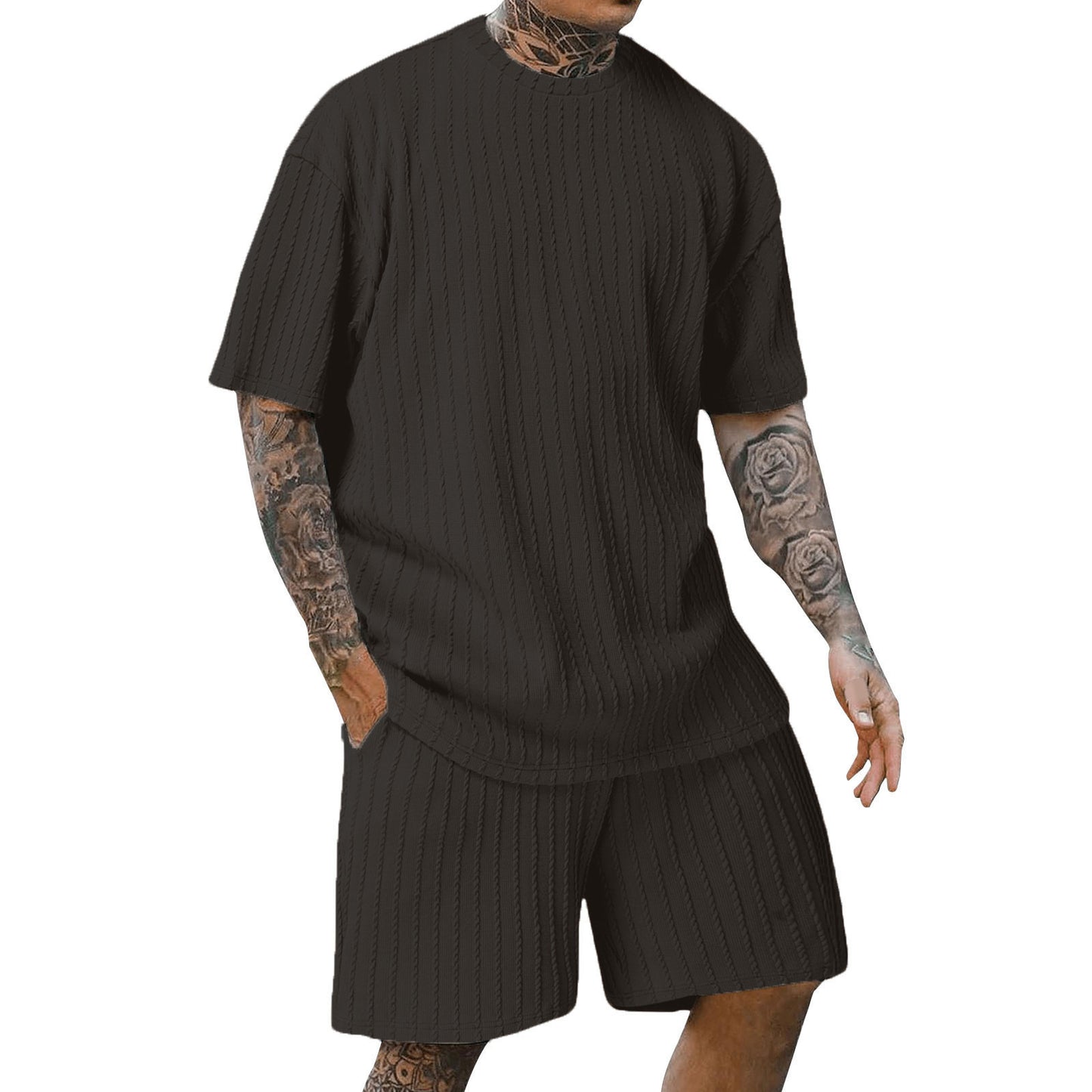 Aethelstan - Set da Uomo a Due Pezzi β T-shirt Sportiva a Maniche Corte con Girocollo, Tinta Unita e Motivo Verticale