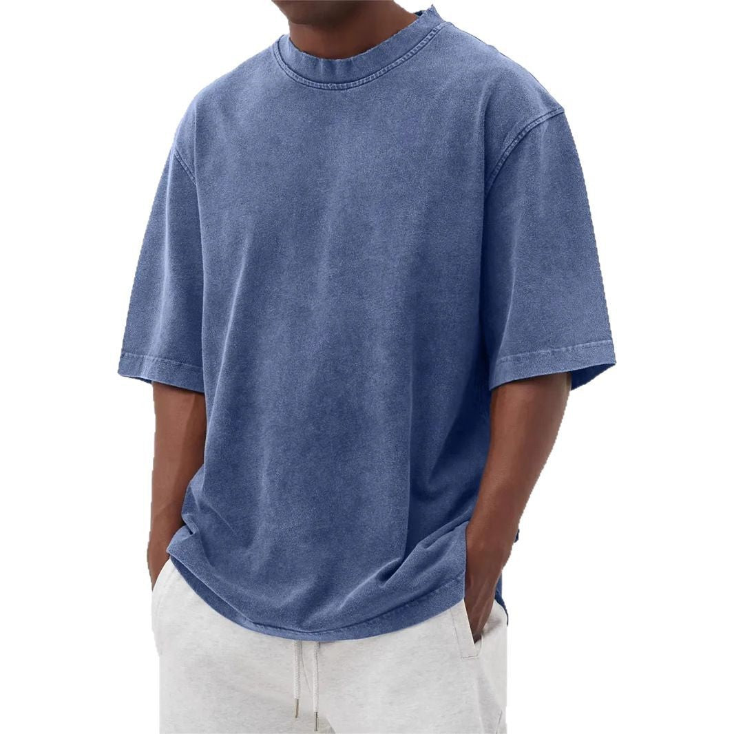 Men's Washed Fried Color Distressed Solid Color Pullover Short T-shirt