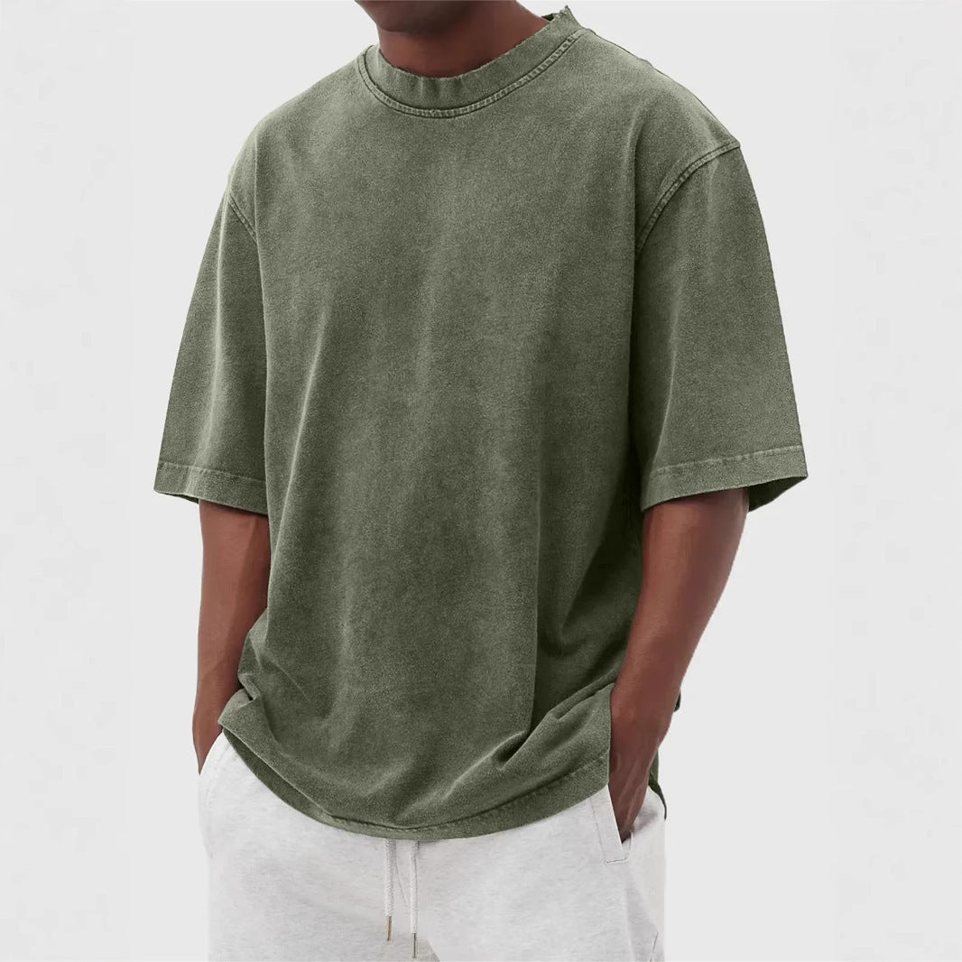Men's Washed Fried Color Distressed Solid Color Pullover Short T-shirt