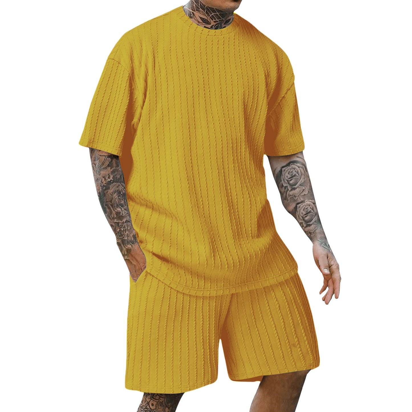 Aethelstan - Set da Uomo a Due Pezzi – T-shirt Sportiva a Maniche Corte con Girocollo, Tinta Unita e Motivo Verticale