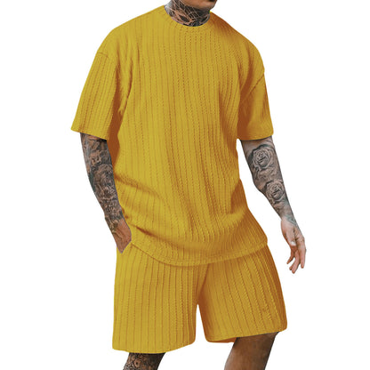 Aethelstan - Set da Uomo a Due Pezzi – T-shirt Sportiva a Maniche Corte con Girocollo, Tinta Unita e Motivo Verticale