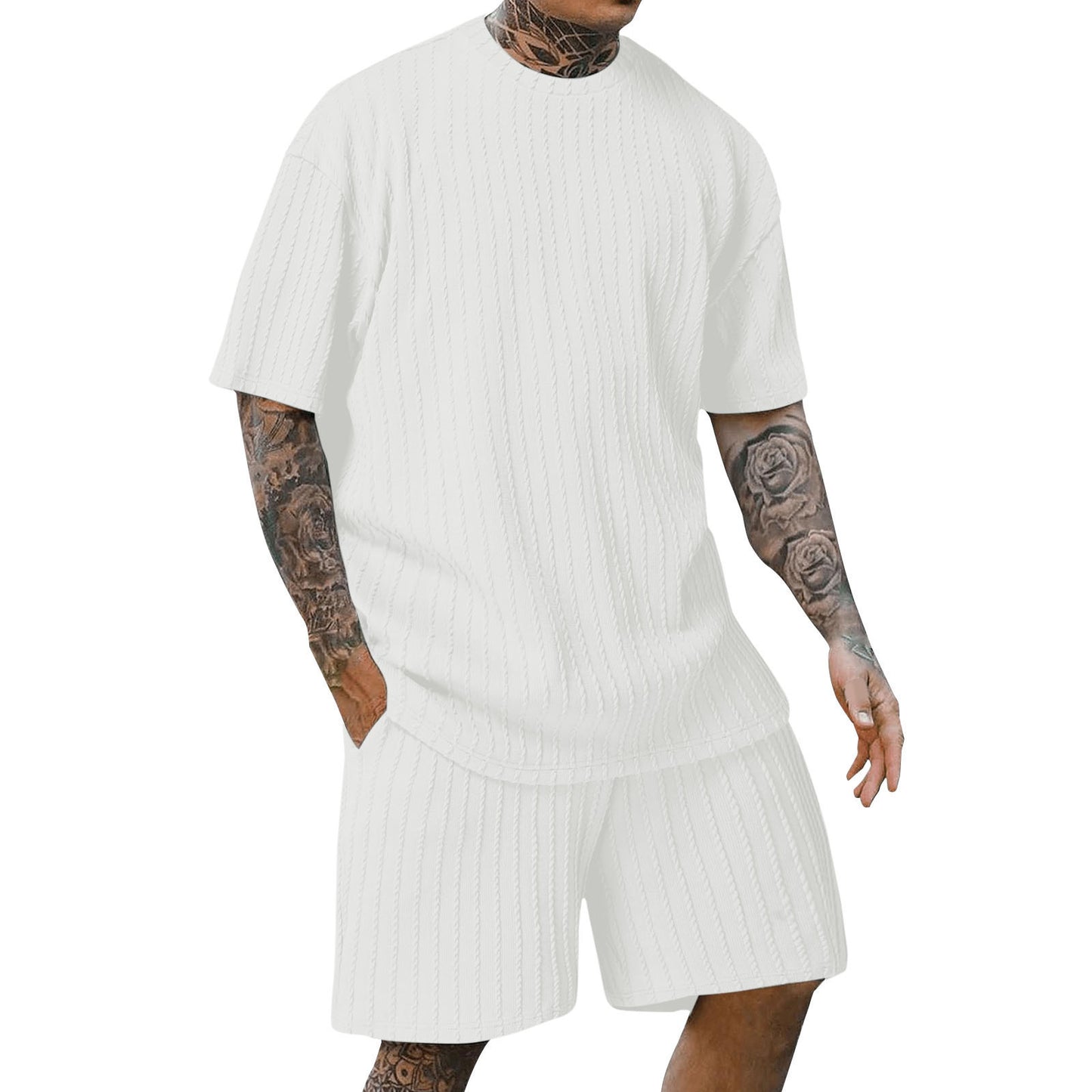 Aethelstan - Set da Uomo a Due Pezzi – T-shirt Sportiva a Maniche Corte con Girocollo, Tinta Unita e Motivo Verticale
