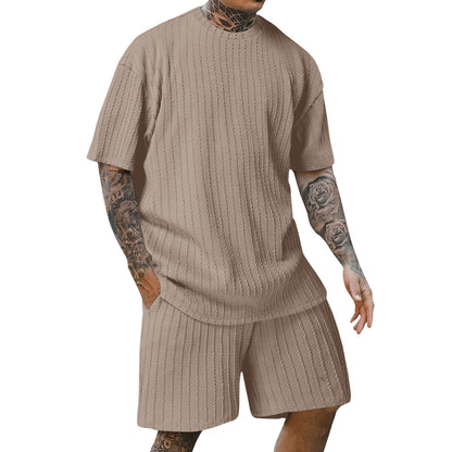 Aethelstan - Set da Uomo a Due Pezzi – T-shirt Sportiva a Maniche Corte con Girocollo, Tinta Unita e Motivo Verticale