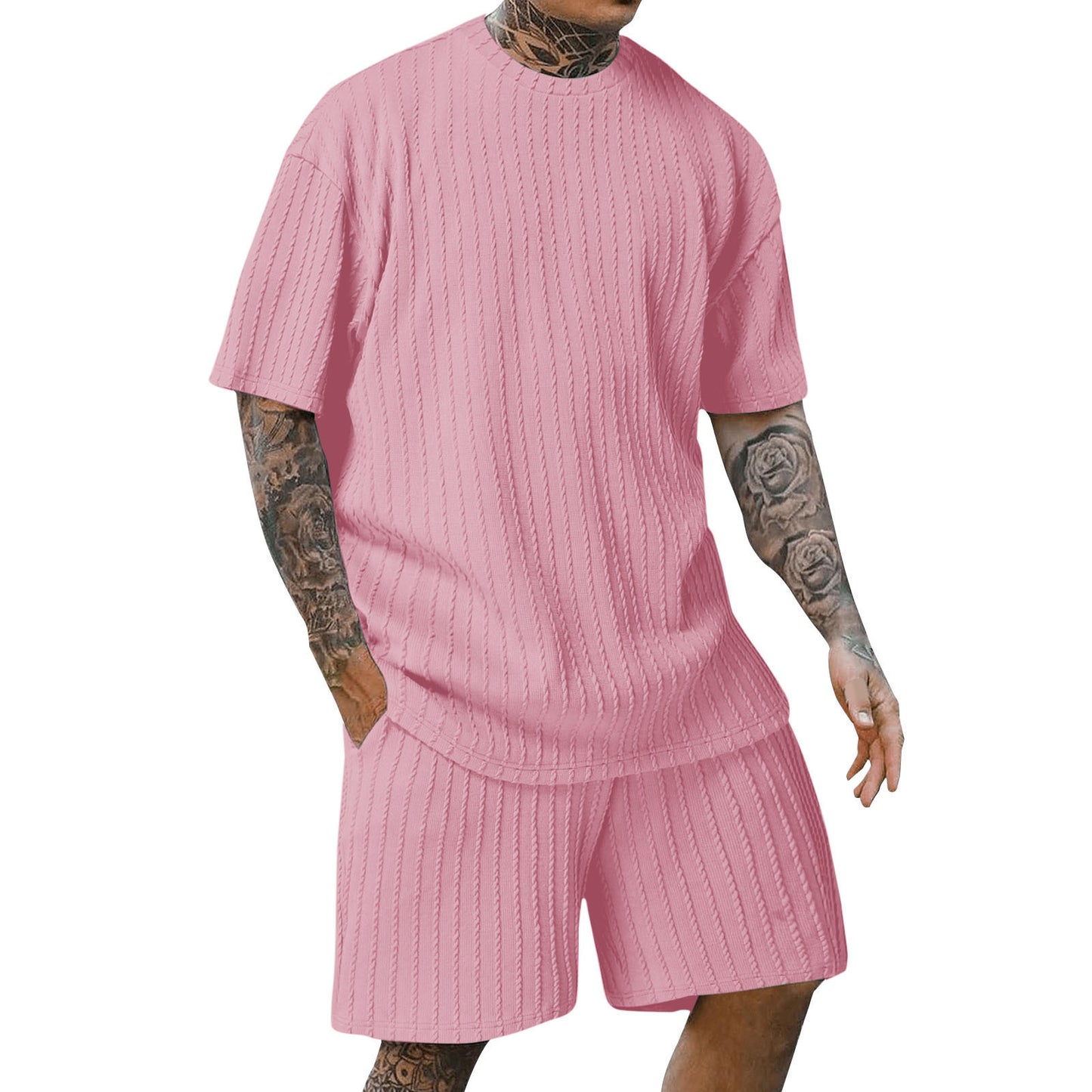 Aethelstan - Set da Uomo a Due Pezzi – T-shirt Sportiva a Maniche Corte con Girocollo, Tinta Unita e Motivo Verticale
