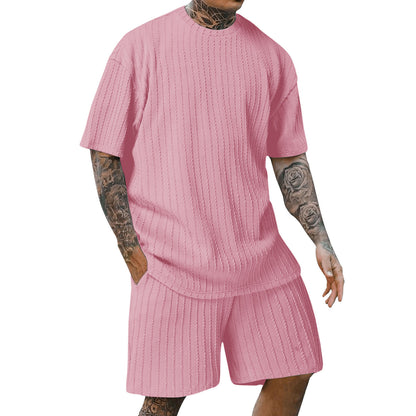 Aethelstan - Set da Uomo a Due Pezzi – T-shirt Sportiva a Maniche Corte con Girocollo, Tinta Unita e Motivo Verticale