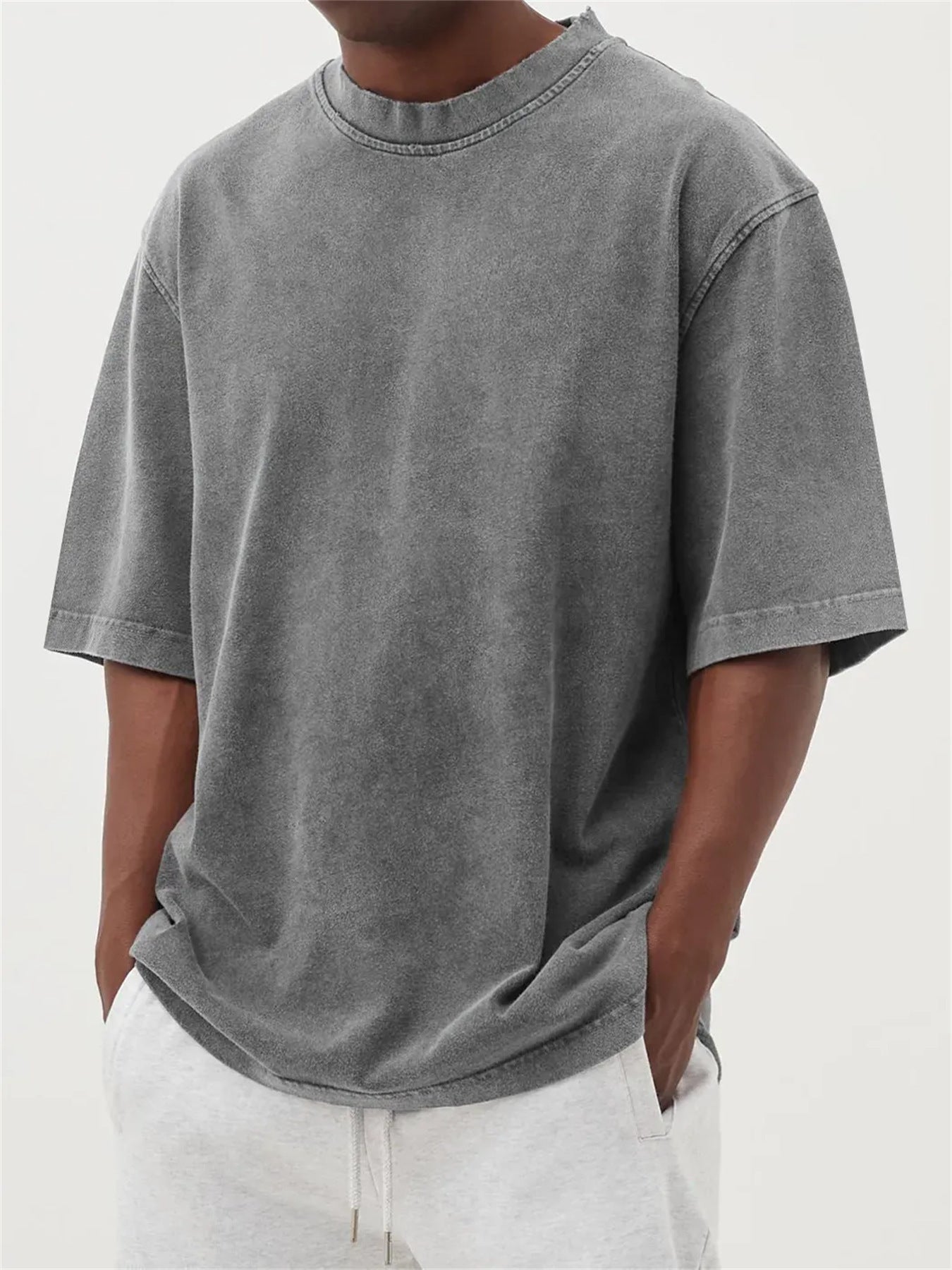 Men's Washed Fried Color Distressed Solid Color Pullover Short T-shirt