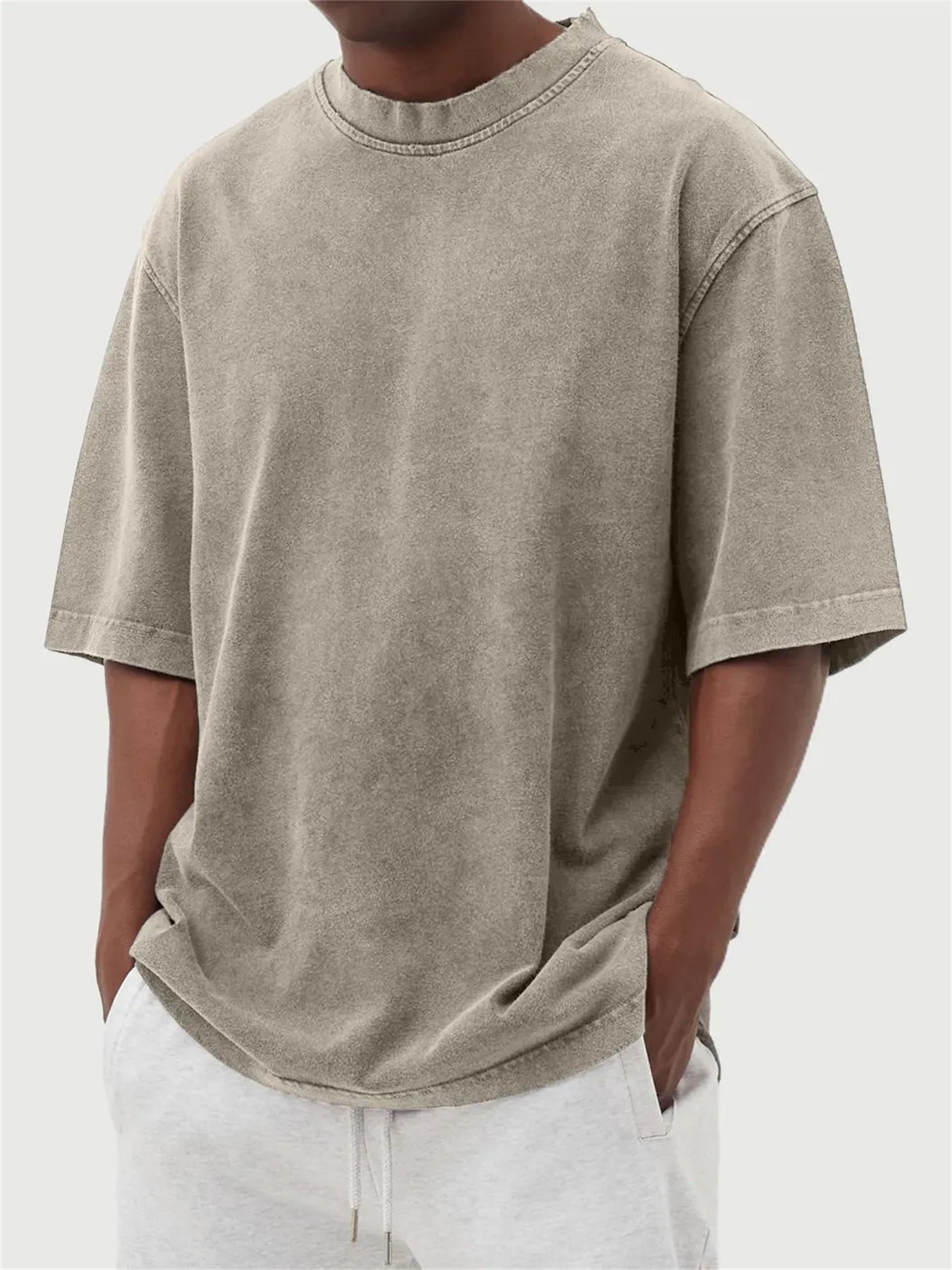 Men's Washed Fried Color Distressed Solid Color Pullover Short T-shirt