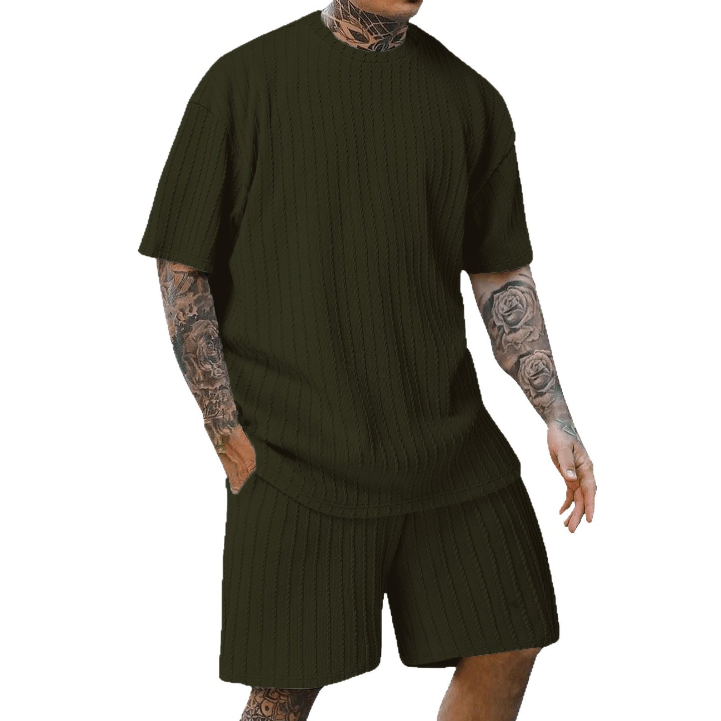 Aethelstan - Set da Uomo a Due Pezzi – T-shirt Sportiva a Maniche Corte con Girocollo, Tinta Unita e Motivo Verticale