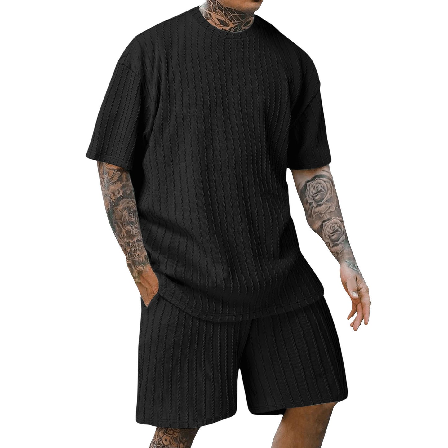 Aethelstan - Set da Uomo a Due Pezzi – T-shirt Sportiva a Maniche Corte con Girocollo, Tinta Unita e Motivo Verticale