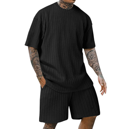 Aethelstan - Set da Uomo a Due Pezzi – T-shirt Sportiva a Maniche Corte con Girocollo, Tinta Unita e Motivo Verticale