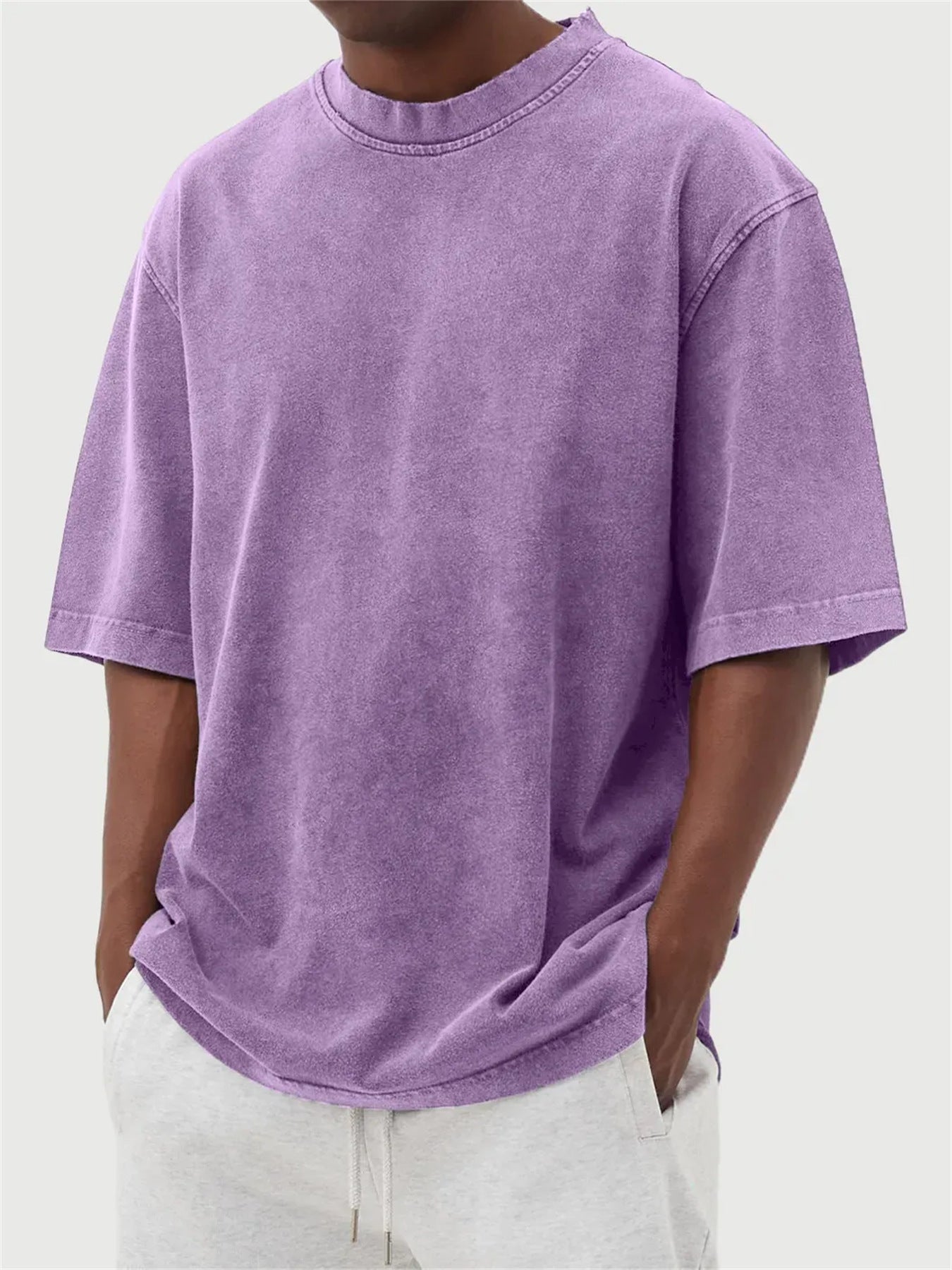 Men's Washed Fried Color Distressed Solid Color Pullover Short T-shirt