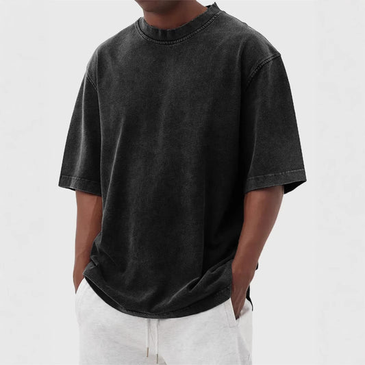 Men's Washed Fried Color Distressed Solid Color Pullover Short T-shirt